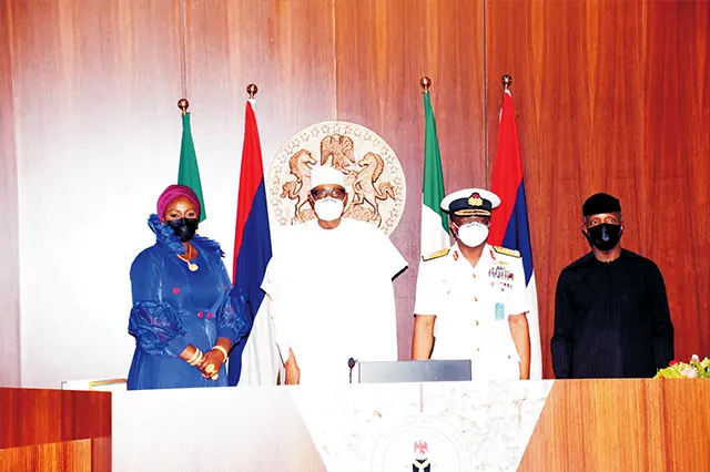 His Excellency, Former President Muhammadu Buhari, GCFR in a group photograph with the Immediate Past President of NOWA, Hajiya Nana Aisha Gambo and His Excellency, Professor Yemi Osinbajo, SAN GCON after the inauguration of Vice Admiral AZ Gambo (Admiralty Medal)