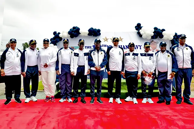 His Excellency, Former President Muhammadu Buhari GCFR, Gov Sanwo-Olu, Hon. Minister of Defence, Past Chief of Defence Staff, Past Service Chiefs and Immediate Past President of NOWA during the commissioning of the newly constructed Ultra-modern Sports Complex in Navy Town, Ojo, Lagos