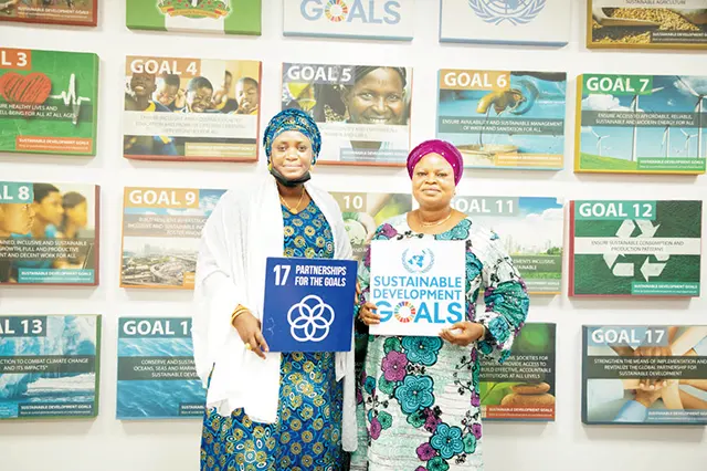 The Immediate Past President of NOWA, Hajiya Nana Aisha Gambo and the Senior Special Assistant to President Muhammadu Buhari on Sustainable Development Goals, Princess Adejoke Orelope Adefulire during a visit to her office