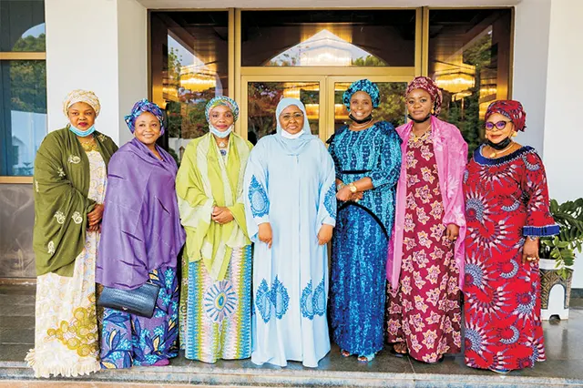 Her Excellency, The Former First Lady, Hajiya Aisha Buhari in a group photograph with the Immediate Past NOWA President, Hajiya Nana Aisha Gambo, Past President of DEPOWA Barr. Anwuli Irabor, Past NAOWA President, Hajiya Salamatu Yahaya, Past NAFOWA President, Mrs Elizabeth Amao and Past POWA President, Hajiya Hajara Alkali during a courtesy visit to the State House in Abuja
